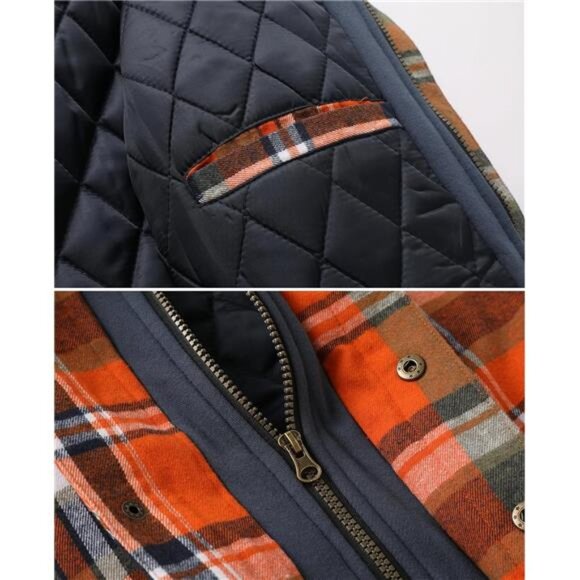 Men's Thicken Plaid Hooded Flannel Shirt Jacket Orange Plaid - Picture 4 of 5